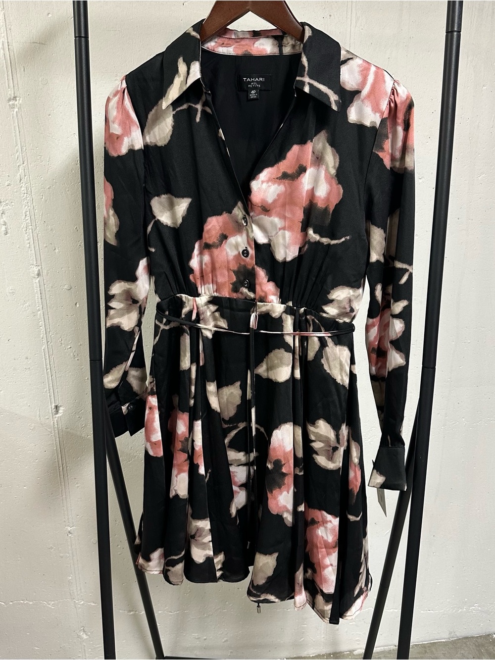 Tahari ASL Black Long-Sleeve Floral Shirt Dress with Pink and Cream Blooms 📦